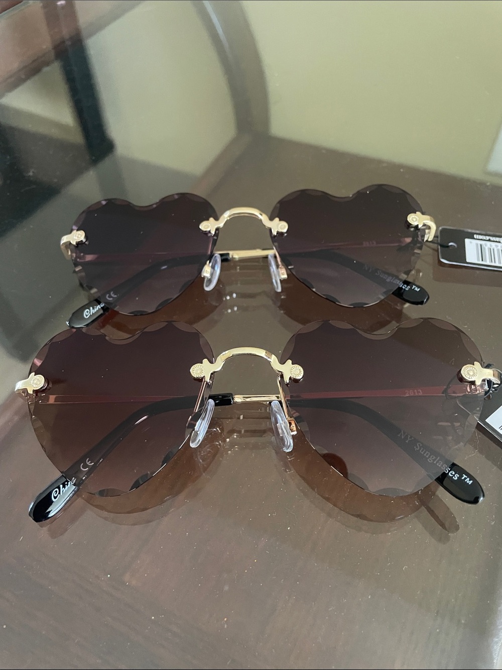Chloe Brown Heart-Shaped Rimless Sunglasses with Gold Accents